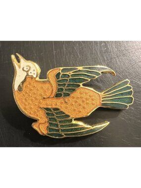 MMA Enamel Bird Brooch Gold Plated Metropolitan Museum of Art Pin Vintage 1.75”